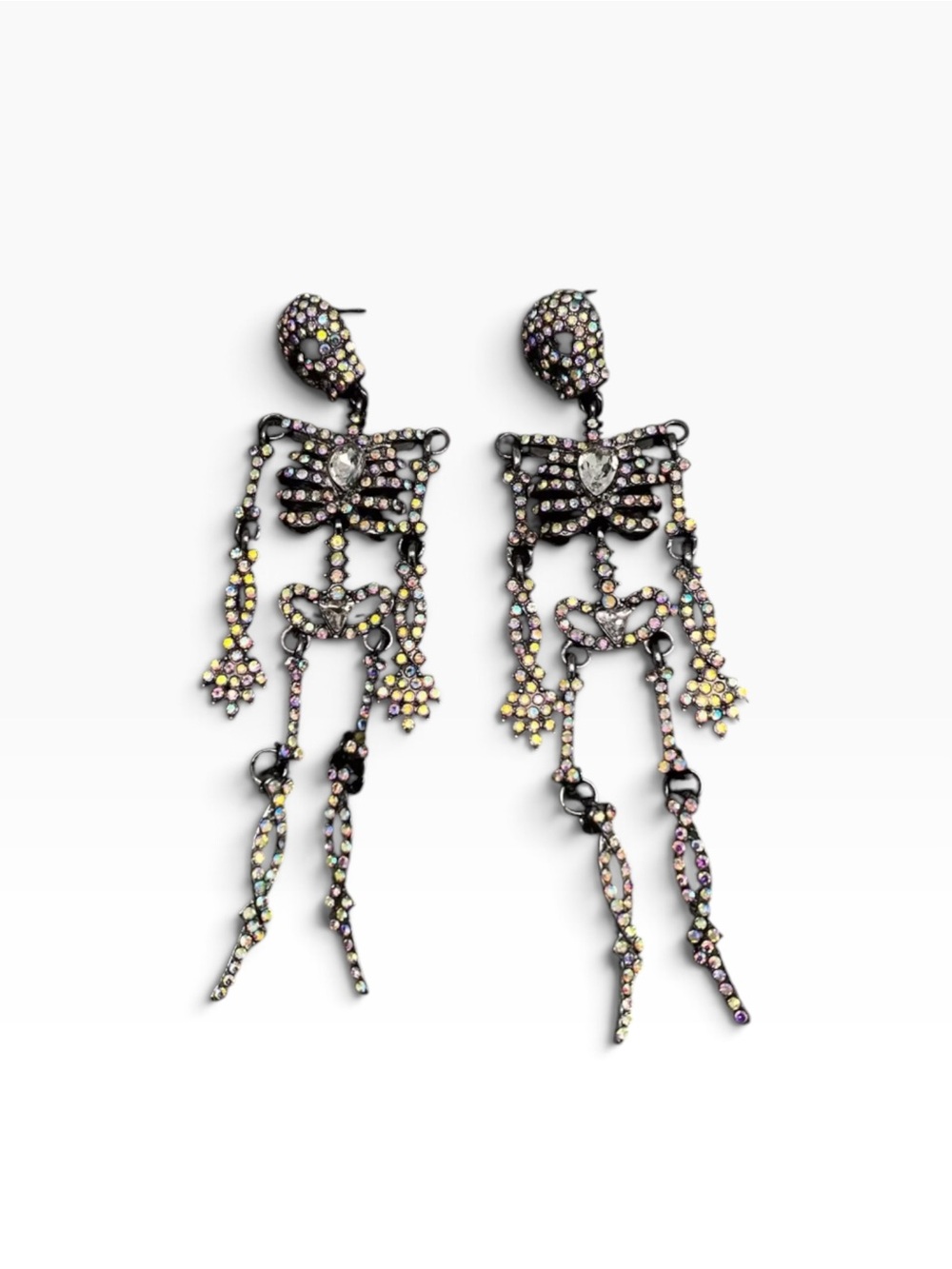 Gunmetal Dancing Skeleton Crystal Drop Dangle Halloween Earrings